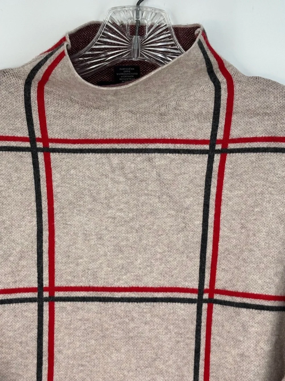 Tahari Womens Large Pullover Sweater Oatmeal Red Gray Check Funnel Neck Long Slv